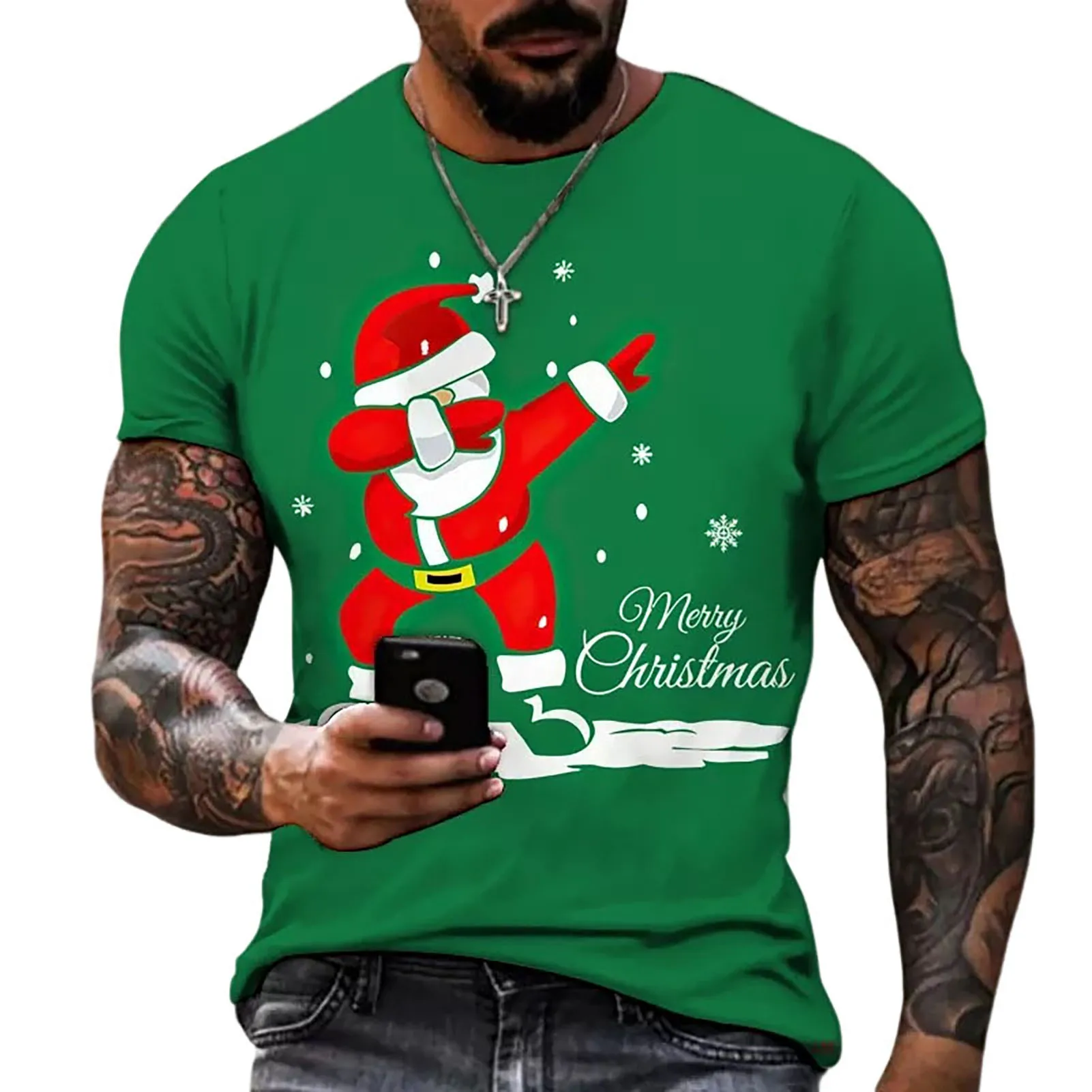 Men's Christmas Print T-shirt Casual Skin-friendly T-shirt Plus Size Tops for Themed Party Outfit