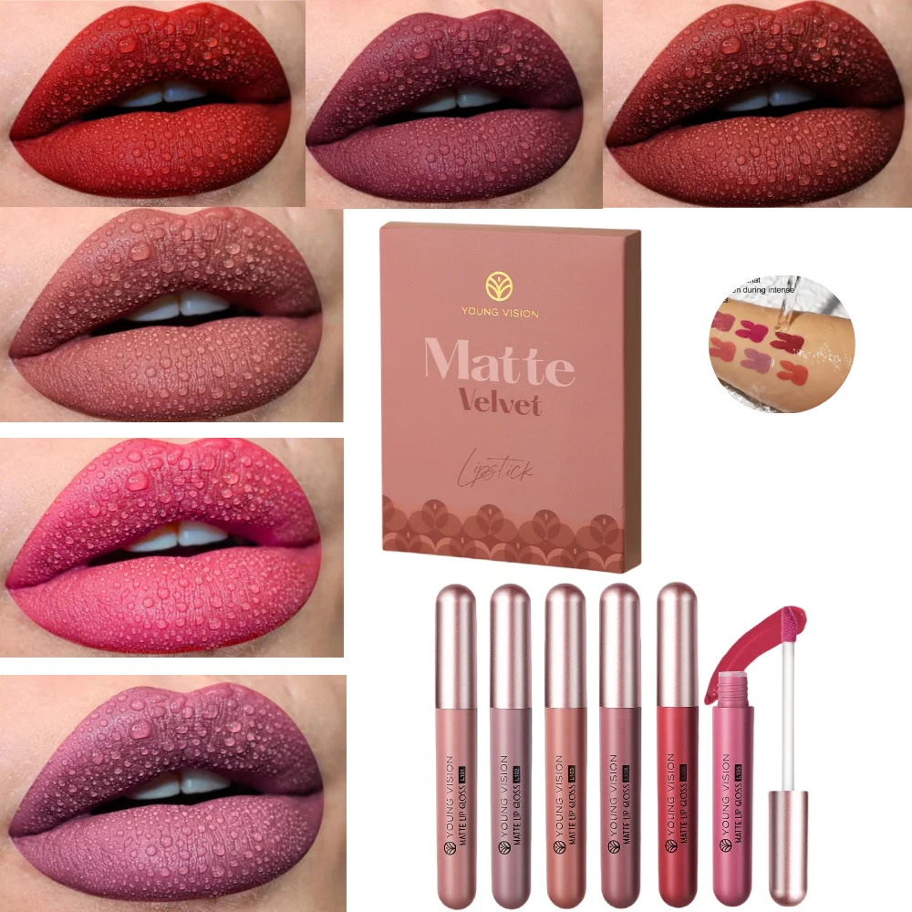 YOUNG VISION 6Pcs/Kit Matte Velvet Lips Glosses Waterproof Long-Lasting Liquid Lipstick for Flawless Makeup