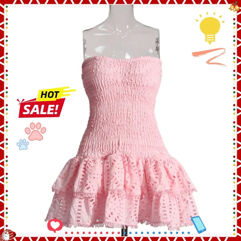 เดรสเซ็กซี่ทรงเข้ารูปสำหรับผู้หญิง ตัดเย็บแบบหลายชั้น ชายระบาย จับจีบ สายเดี่ยว ไร้แขน เปิดไหล่ เอวสูง ทรงมินิเดรส เสื้อผ้าผู้หญิง