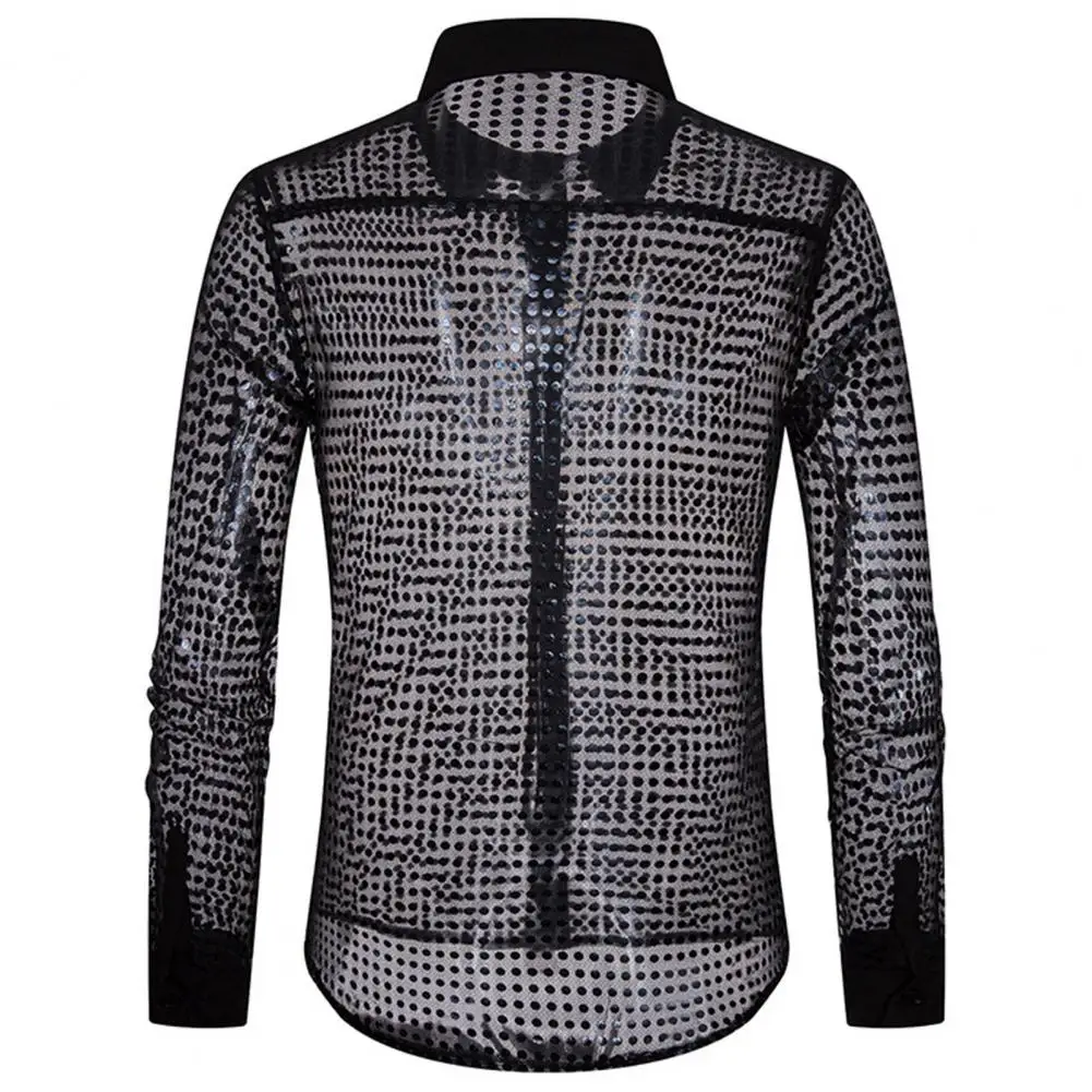 

Lapel Long Sleeve Shirt Stylish Men's Sequin Embellished Lapel Shirt Sheer Sexy Design Breathable Skin-friendly Fabric for Men