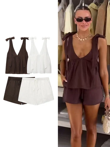 Imagen 1 del producto TFMLN, novedad de verano, conjuntos de pantalones cortos elegantes para mujer, Tops elegantes con cuello en V y tirantes para el hombro, Mini pantalones cortos informales, conjuntos ajustados lisos para mujer