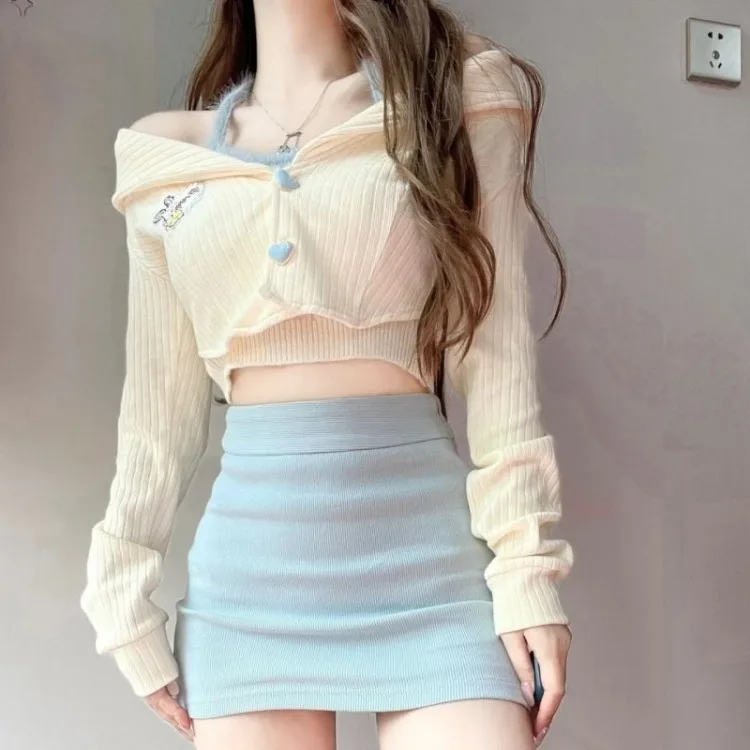 2024 Autumn New Long Sleeve Knitted Tops Women+ Y2k Slim Fit Bottoming Vest for  High Waist Blue Skirts Three Piece Sets