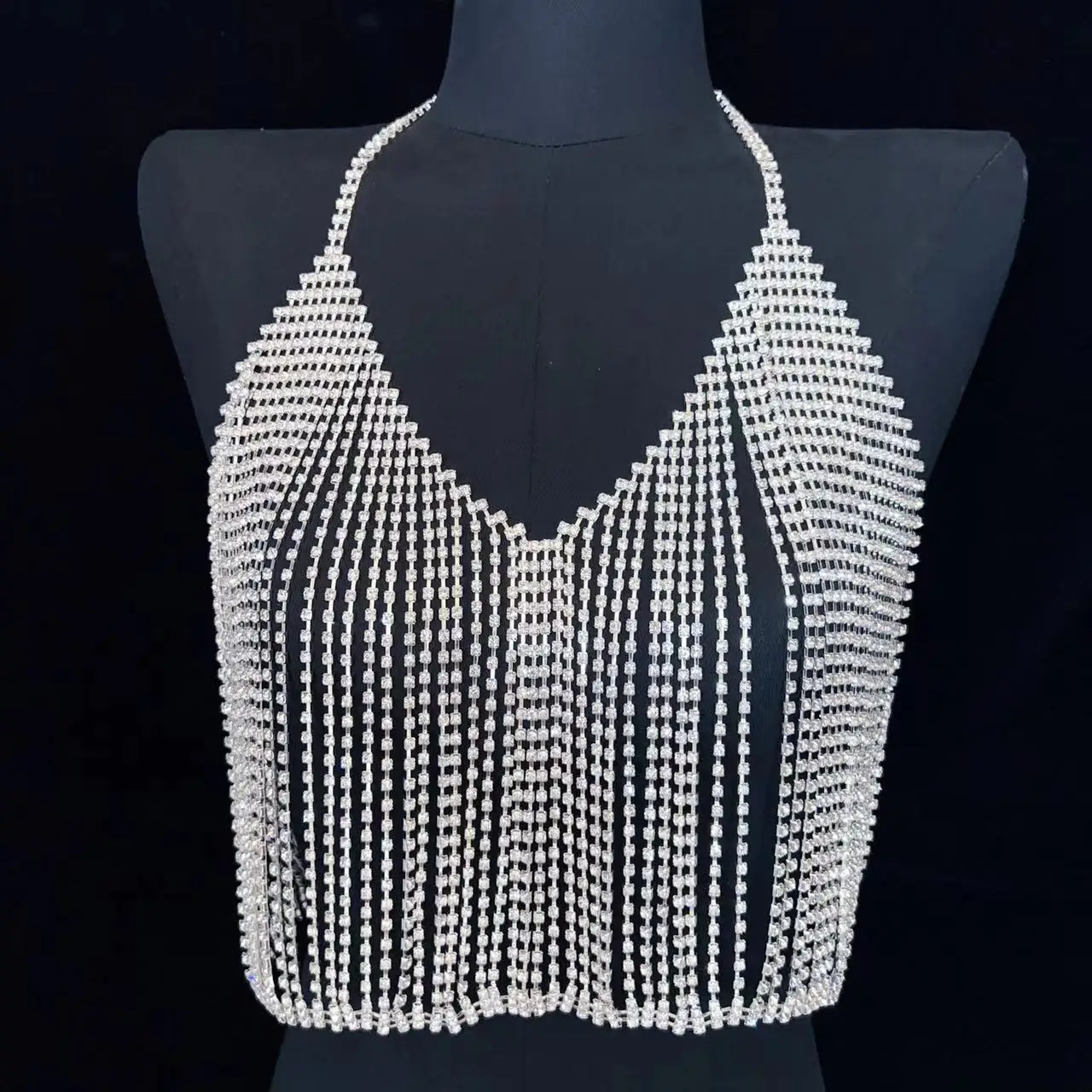 Fashion Luxury Shiny Rhinestone Long Tassel Body Chain Bra Dress Women's Bodysuit Jewelry Luxury Rhinestone Sexy Crystal Underwe