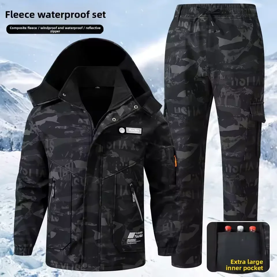 Men's Fleece Lined Warmth Resistant Winter Workwear Outdoor Climbing Utility Suit Windproof Hard-wearing Cold-resistant Jacket