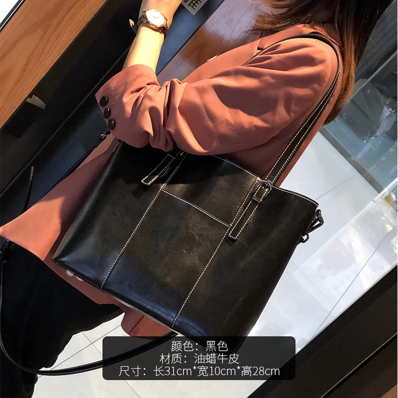 Women Oil wax Cowhide Genuine Leather Shoulder Bag Ladies Retro Large Capacity Commuting Bags Female Luxury Designer Handbag New