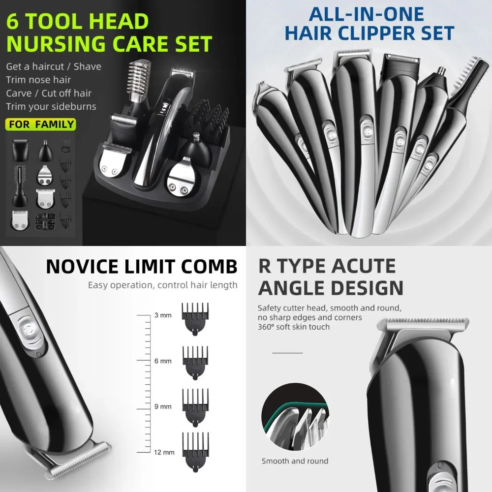 Hair Kit Professional Clipper, 6-in-1 Trimmer, for Rechargeable Electric Hair Styling Machine, Tri Men Hair Beard - Shaving Tool