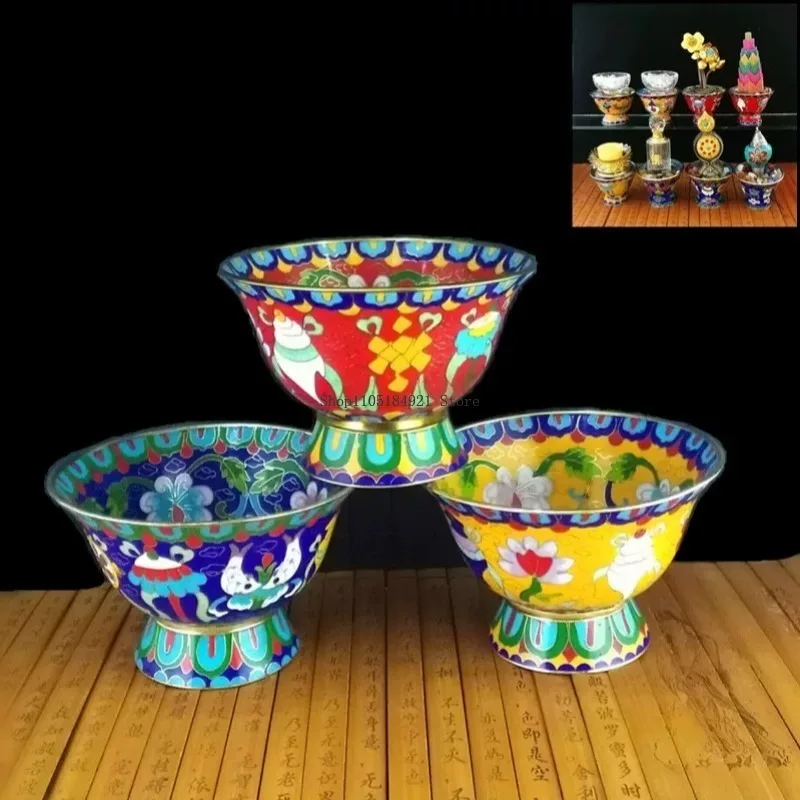 Large-sized High Foot Tibetan Tantra Cloisonne Holy Water Bowl  Home Indoor Buddha Hall Tabletop Offering Water Purifying Cup