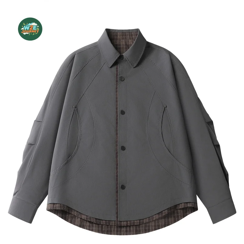 W2EJOURNEY EU US Size Cityboy Plaid Faux Two-Piece Work Shirt Autumn Travel Camp Hunting Unisex Loose Casual Shirt