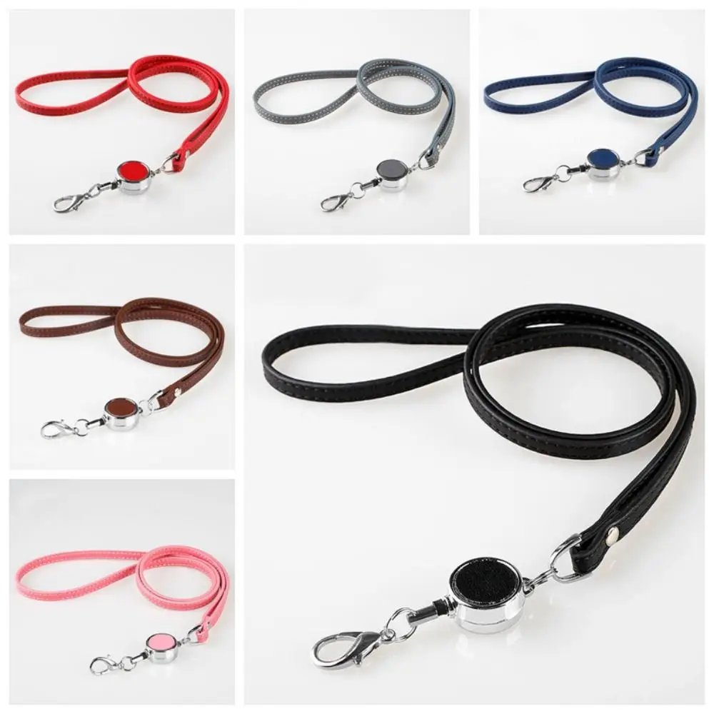 

Leather Retractable Neck Strap Neck Hanging Name Tag Lanyards Telescopic Sling Bright Colors Business ID Badge Holder