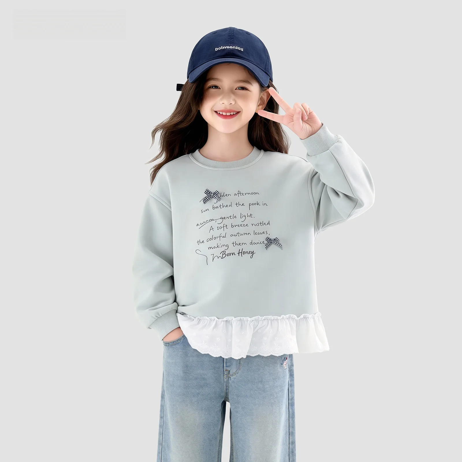 Sweet Bow Knot Letter Girls Sweatshirt Cute 2026 Spring Autumn New Stylish Lace Print Loose Top Trendy