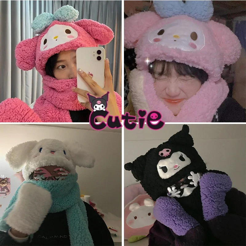 Kuromi Plush Hat Women Scarf Gloves 3 In 1 Ear Hat Winter Cute Kawaii Girls Warm Thickening Windproof Casual Cotton Hat Gift