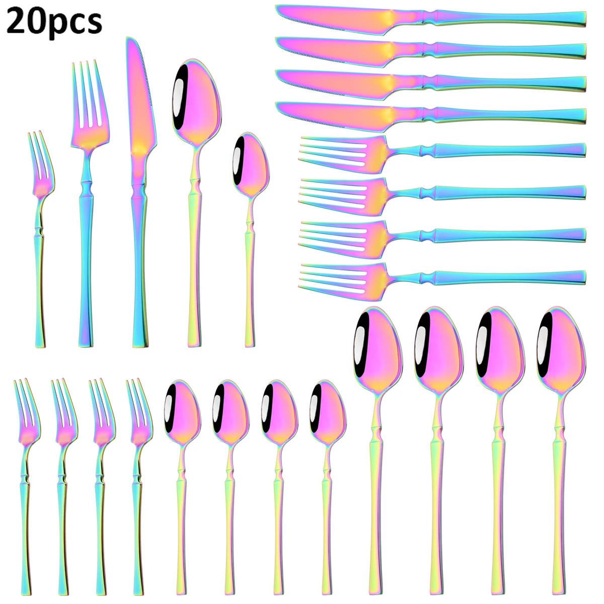20Pcs Colorful Elegant Cutlery Set Knife Spoon Fork Dinnerware Set Cake Fork Teaspoon Stainless Steel Tableware Western Flatware