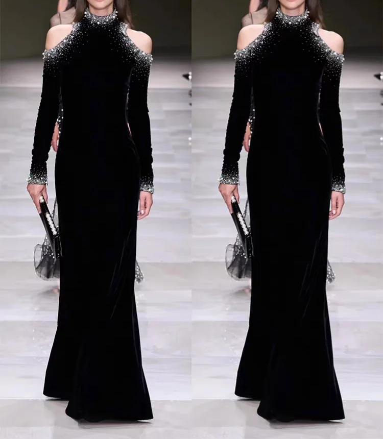 Customized High Neck Cold Shoulder Long Sleeve Black Velvet Mermaid Evening Dress All Over Gradient Crystal Beading Slim Fit