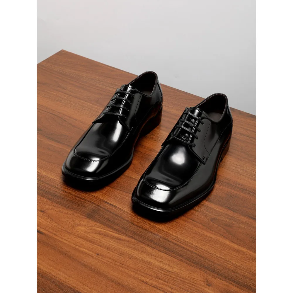 2026 Khaki Business Casual Leather Shoes Men Genuine Leather Lace Up Top Grade Glossy Square Toe Derby Formal Wedding Shoes