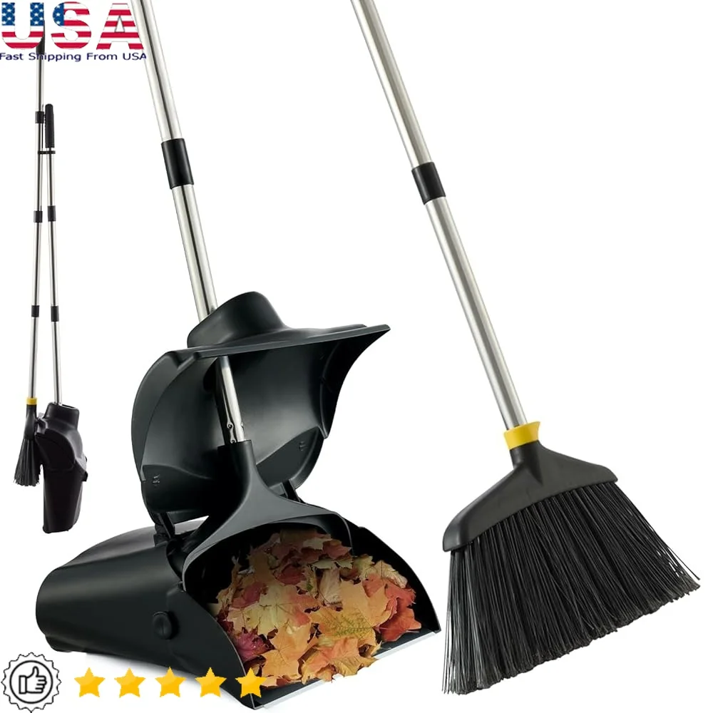 

Outdoor Long Handle Broom and Dustpan Set Upright Dustpan with Windbreak Cover Heavy Duty Stiff Bristle Broom Efficient Sweeping