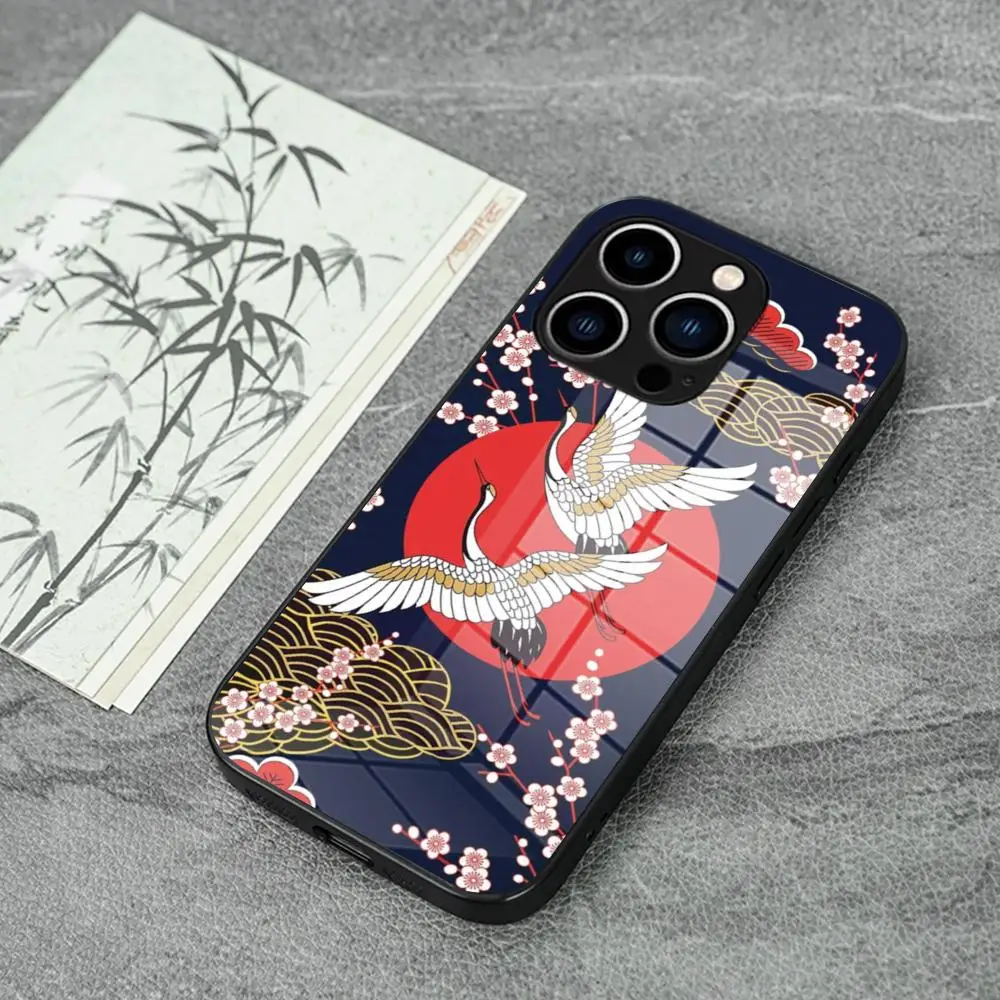 Чехол для телефона Grus japonensis Art для iPhone 17 16 Pro Max 15 14 Pro 11 12 13 Plus Mini, Samsung Galaxy S26 S25, стеклянный чехол для телефона