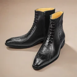 Elegant mens dress Boots Handmade Genuine cow leather crocodile skin printing Zipper Luxury design Autumn casual shoes for men