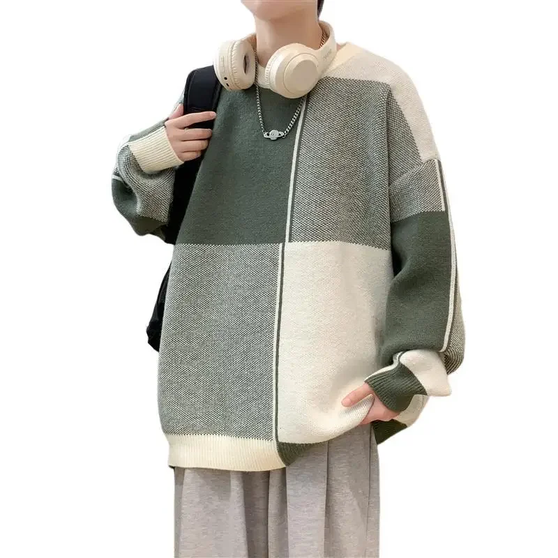 

Thickened Crew Neck Knitted Sweater for Men Autumn Winter Student Casual Style Color Block Base Layer Fashionable Top