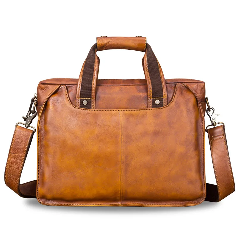 Maleta de couro genuíno vintage, bolsa de laptop artesanal masculina, bolsa de ombro de couro real, sacos mensageiro