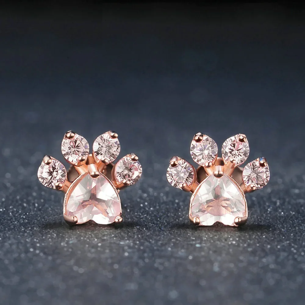 Серьги Женские Creative Footprint Pink Crystal Stud Earrings For Woman Wedding Jewelry Gift Cute Small Cat Claw Earrings