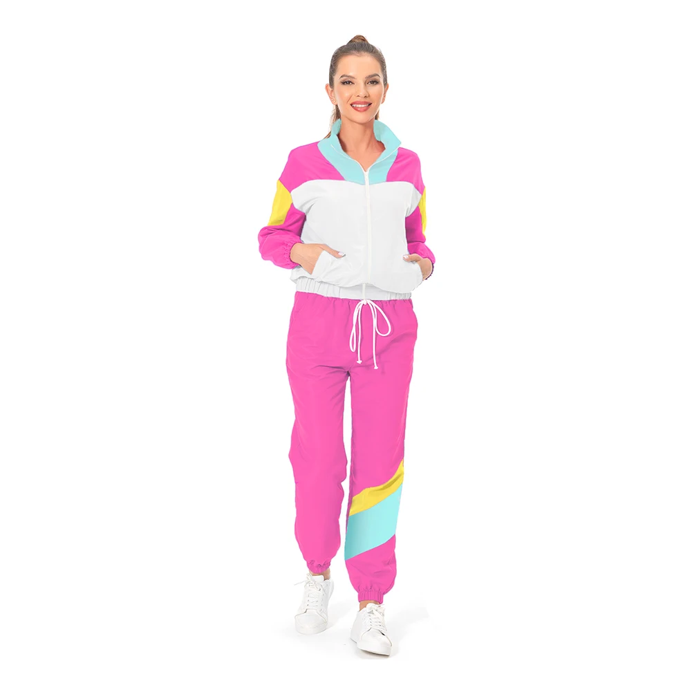 Retro Women 80S 90S Hip-hop Cosplay Costume Tracksuit Jacket Pants Sportwear Role Playing Clothes Halloween Carnival Party Suit