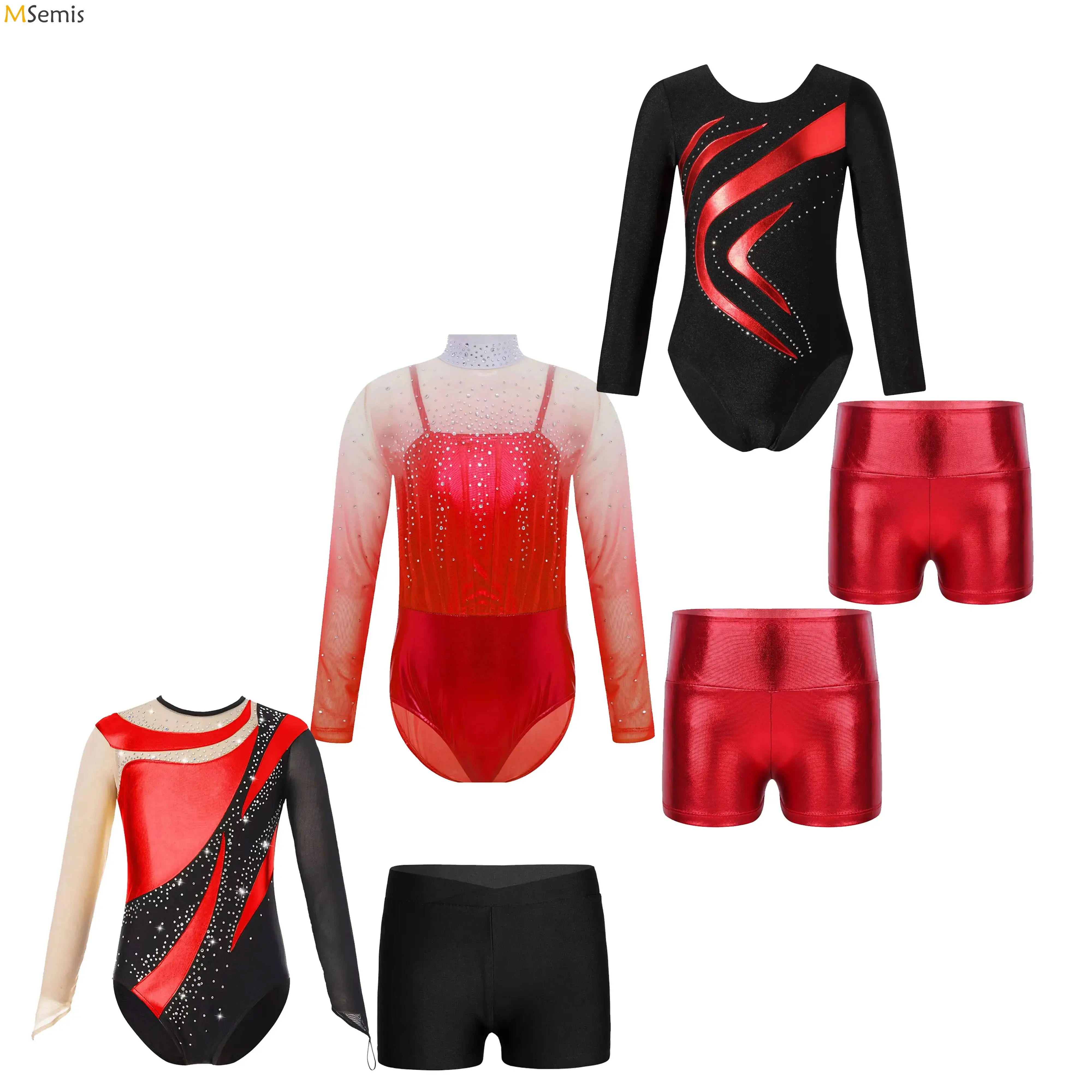 

Детский гимнастический балетный трико для девочек, комбинезон со стразами и длинными рукавами и шорты металлик, костюм для фигурного катания