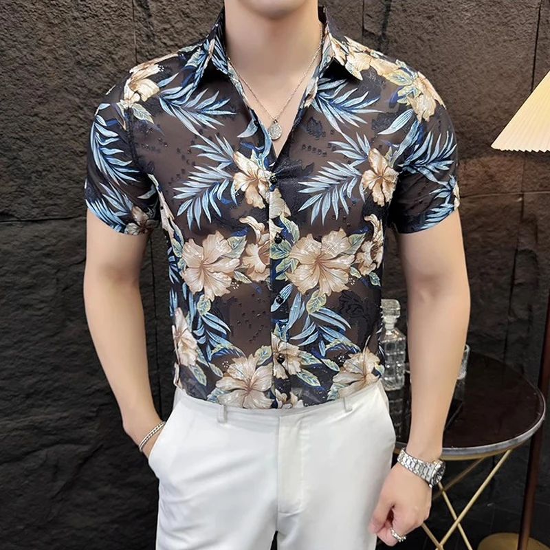 

Summer Short Sleeved See-through Floral Shirts for Men Luxury Flower Printed Transparent Male Shirt Slim Fit Mesh Chemise Homme