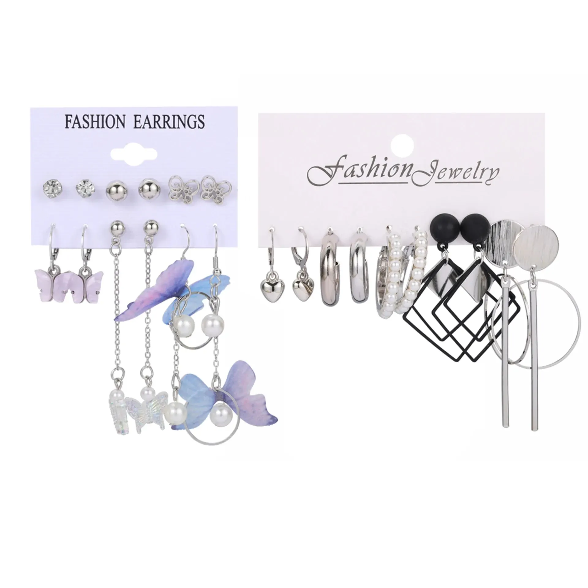 الفضة شرابة القرط مجموعة للنساء ، فراشة ، مربع ، الهندسة اللؤلؤ ، 11 قطعة