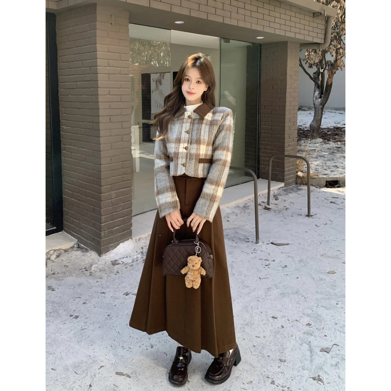 Autumn and Winter 2-piece Thick Woolen Short Coat for Women's Clothing 2024 New Pleated Long Skirt Fashion Set for Children