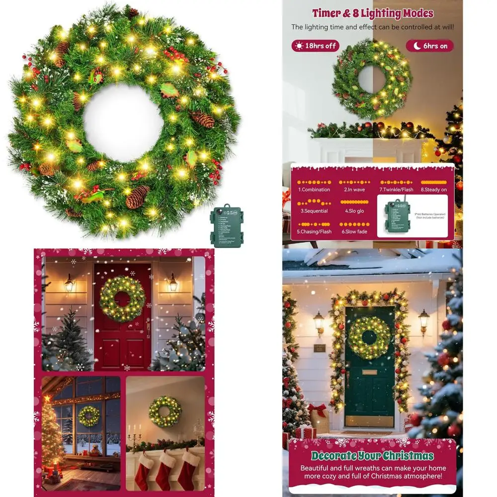 

24 искусственных рождественских венок на батарейках с 50 светодиодами для дверей или окон