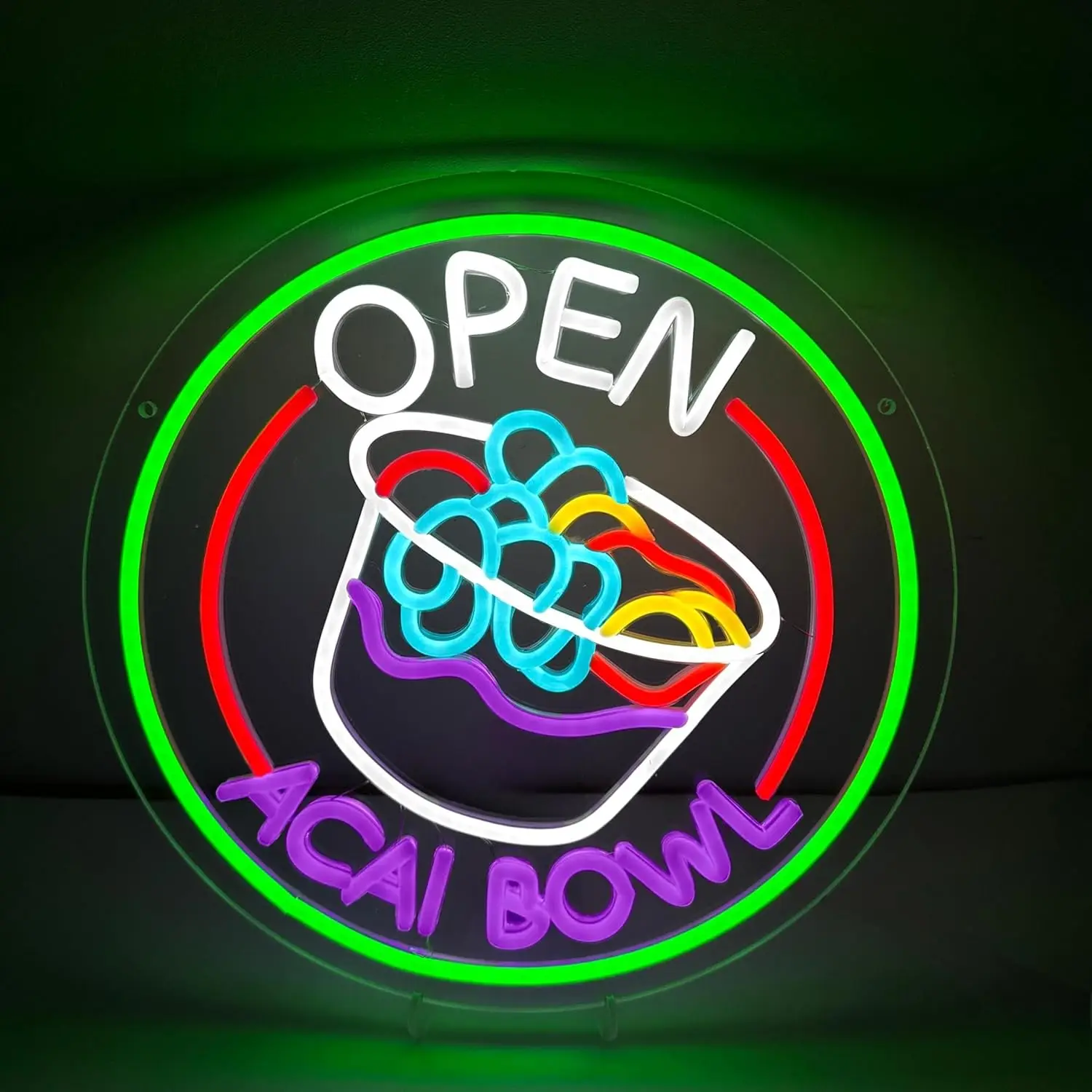 Acai Bowl-letrero de neón abierto, luz de neón regulable por USB, barra de jugo, restaurante, tienda, mercado, comida, camión, cafetería, decoración del hogar