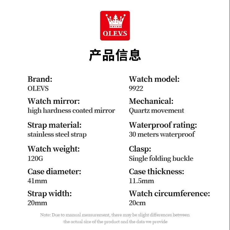 OLEVS 9922 Men Watch Luxury Brand Diamond Quartz Watch Original Dual Calendar Formal Business Waterproof HD Luminous Men Watch