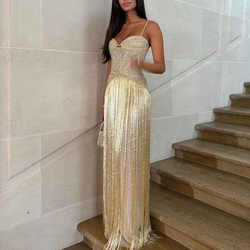 Robe élégante à bretelles dénudées pour femmes, tenue de Banquet, président, à la mode, avec franges à paillettes, Slim, pour Cocktail, nouvelle collection 2026