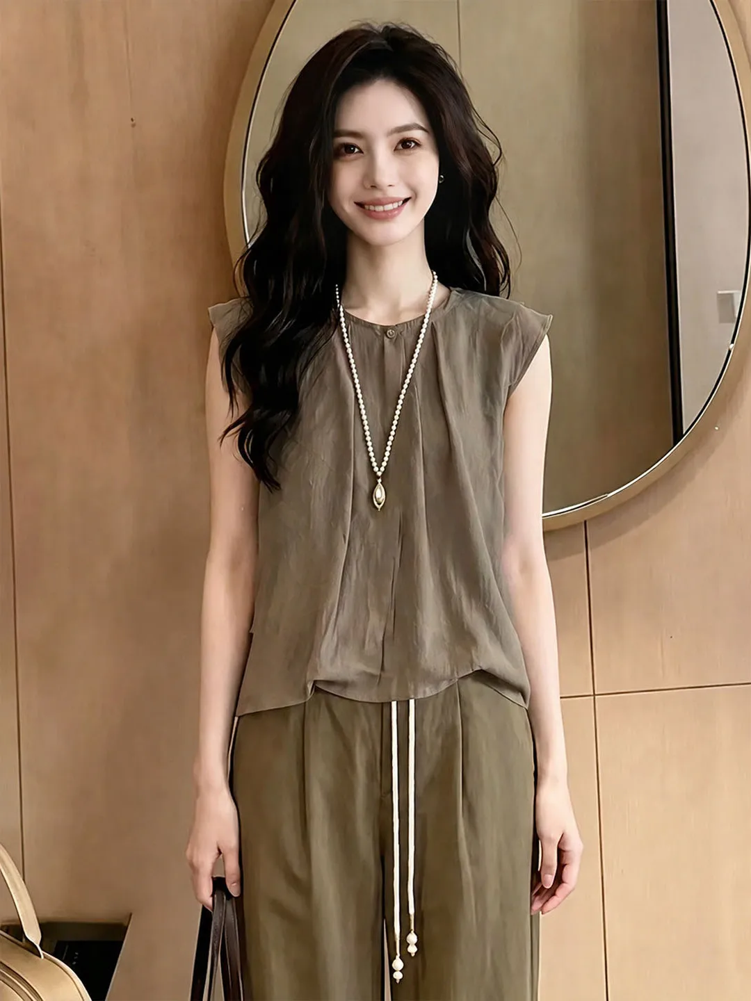 

Elegant Simple Skin-friendly Sleeveless round Neck Shirt Commute Style Summer Fashionable High-end Feel Silk Top for Women