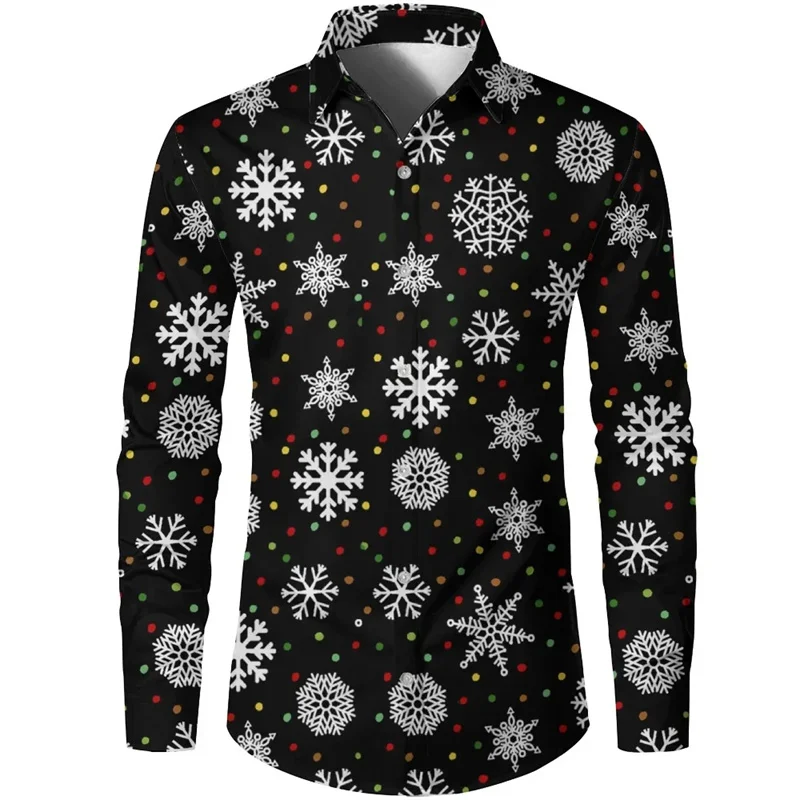 

3D Printed Snowman Snowflake Hawaiian Shirts Men Christmas Tree Pattern Aloha Shirts Casual Loose Long Sleeve Blouse Lapel Tops