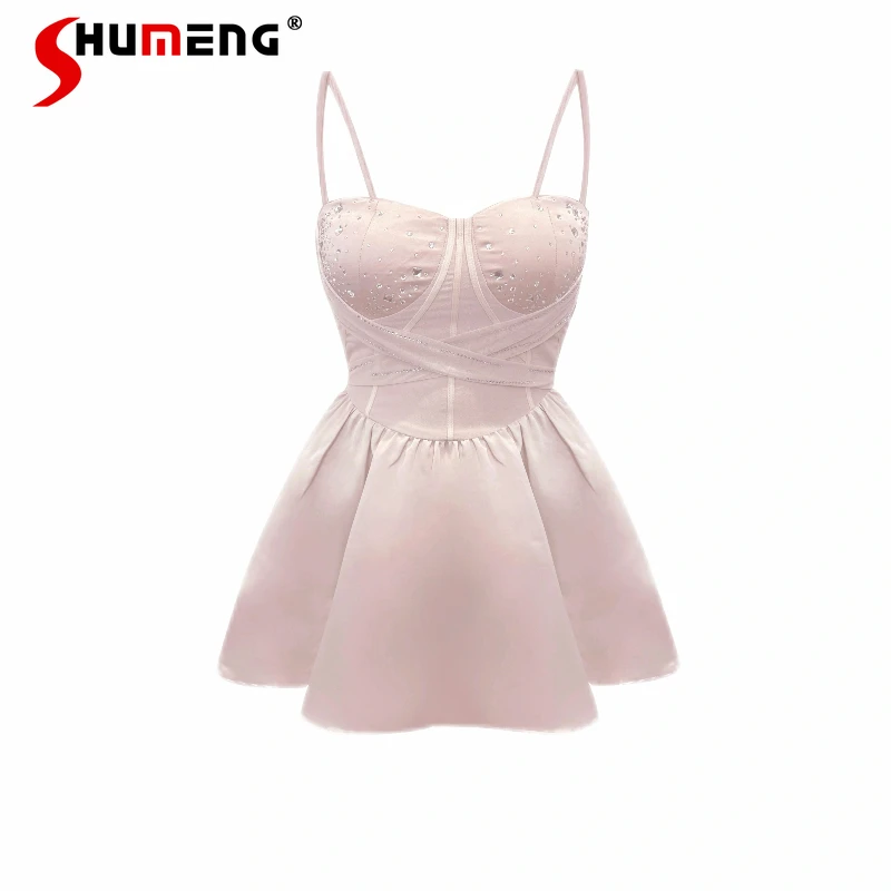 

New French Sweet Princess Shiny Diamond Patchwork Slim Fit Fluffy Dress Short Sleeveless Elegant Chic Temperament Vestidos Women