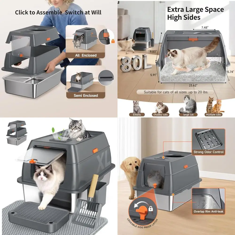 

Большой закрытый лоток для кошек из нержавеющей стали с высокими бортиками и крышкой, контроль запаха, легко чистится, с ковриком, совком и ступенькой, серый