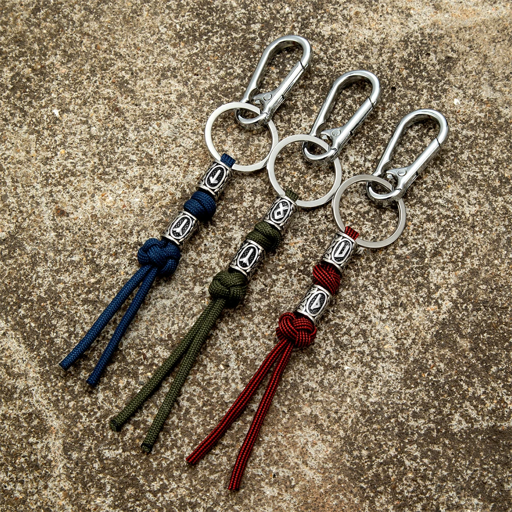 Men Viking Lanyard Keychain Stainless Steel Norse Rune Bead Woven Survival Rope Knife Car Keyring Pendant Retro Handmade Jewelry