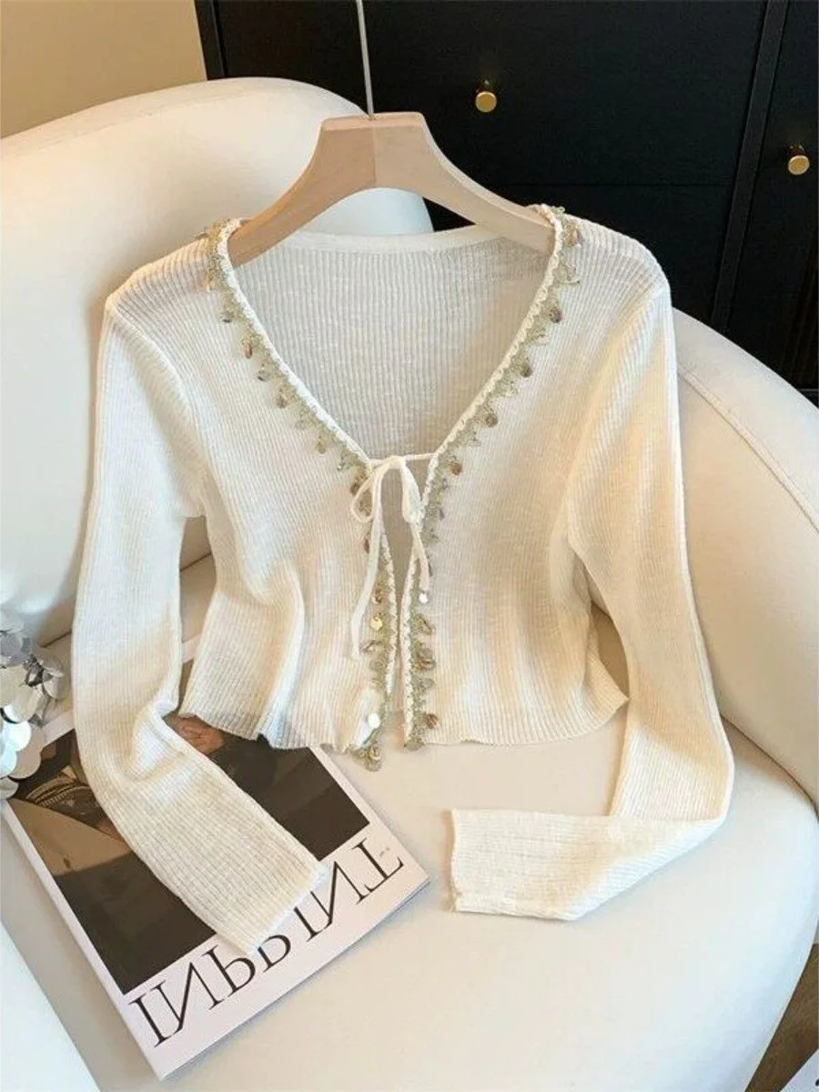 

Bohemian Style Women's Long Sleeve Sun Protection Open Cardigan Thin Layered Wear Belted Short Top Spring Summer Autumn