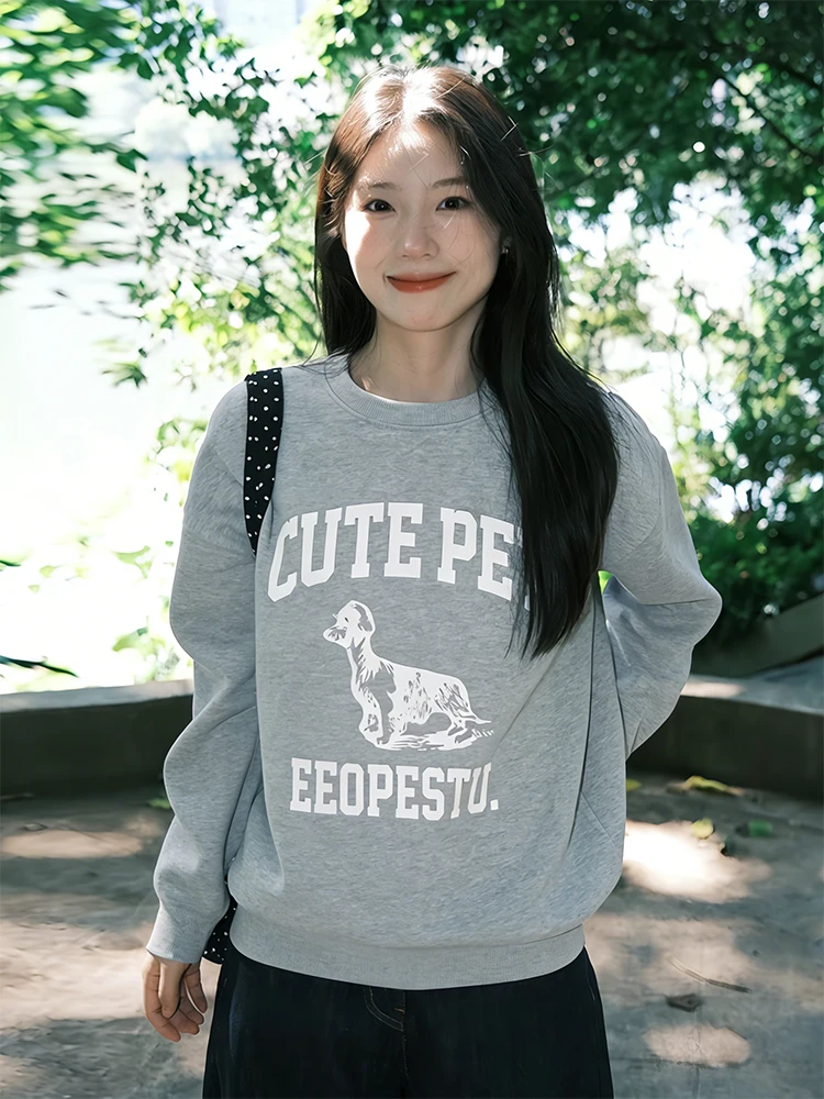 

Ladies' American Retro Lazy Sle Long Sve round Ne Sweatirt Spring Early Dachund Print Loose Fit Base irt Top