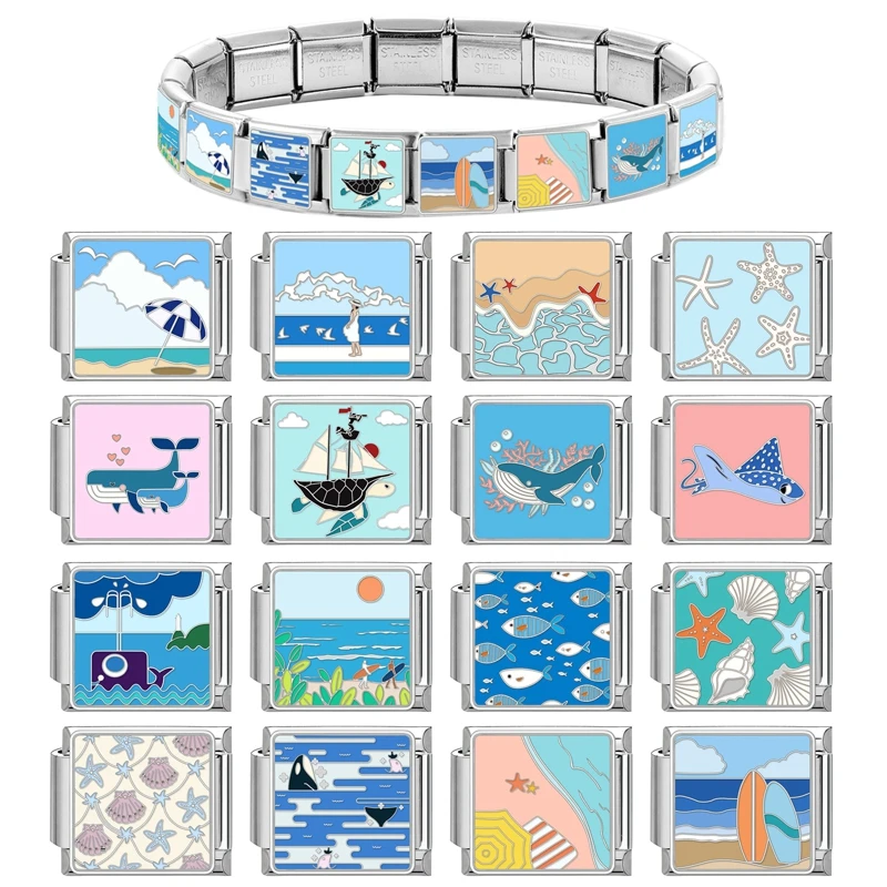 Y2K Blue Sea Waves Whale Shell Starfish Italian Charm Links Fit 9mm Stainless Steel Bracelet Women Jewelry DIY Making Gifts