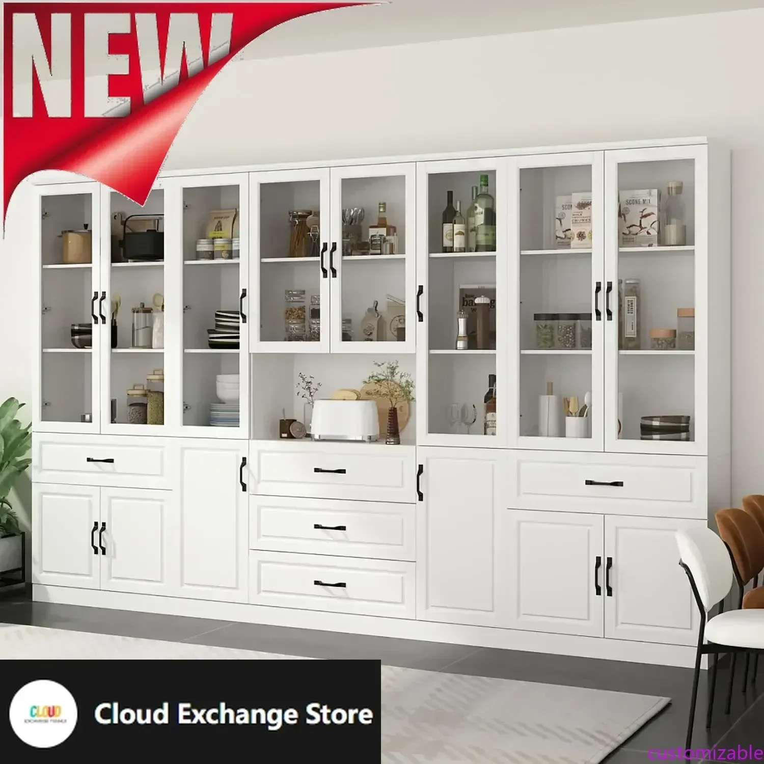

Customizable-Tall Bookshelf With Glass Doors & Drawers, 2 Piece Large Storage Cabinet Set, Home Office Bookcase With Doors