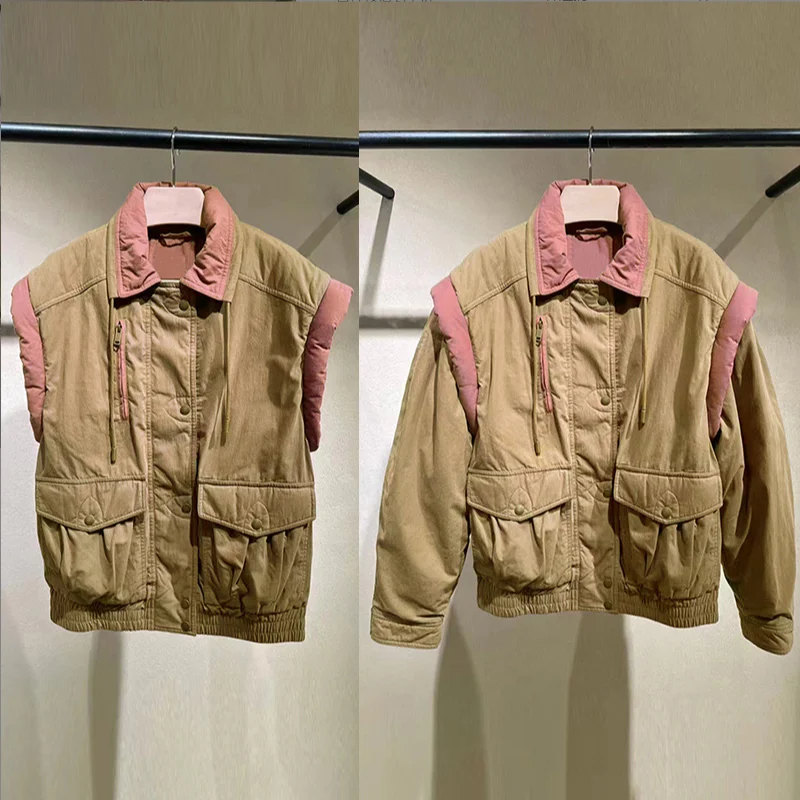 2025 Fall Winter French Minimalist Color Block Vest Coat Detachable Sleeve 2 Ways Wear Loose Cargo Padded Waist Jacket