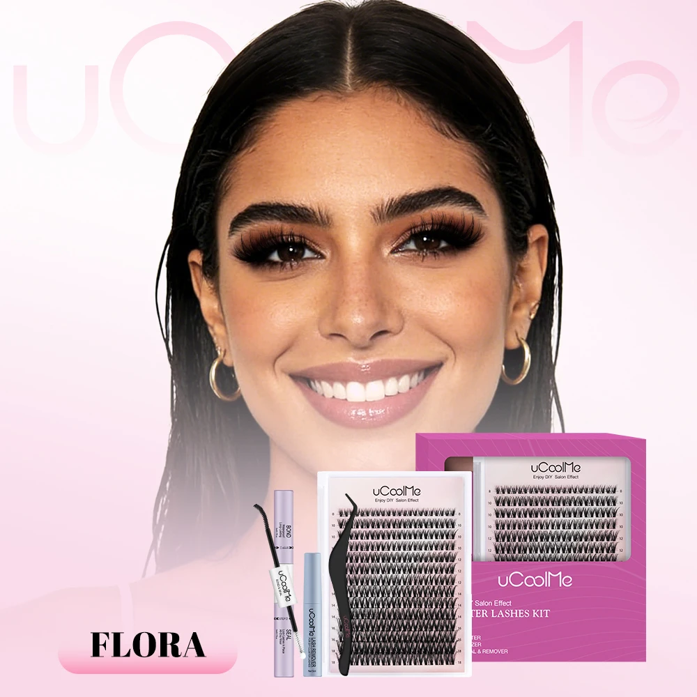uCoolMe Lashes Flora 0.05mm Fluffy Defined Clusters Kit Bond and Seal Remover Home DIY Long-lasting Waterproof Eyelash Extension