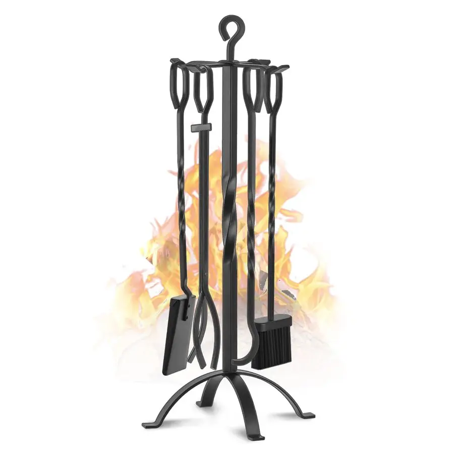 مجموعة أدوات الموقد 5 قطع 32 بوصة حديثة من الحديد المطاوع باللون الأسود مجموعة أدوات نار كبيرة للأماكن الخارجية والداخلية تتضمن مدخنة البوكر والطن #1