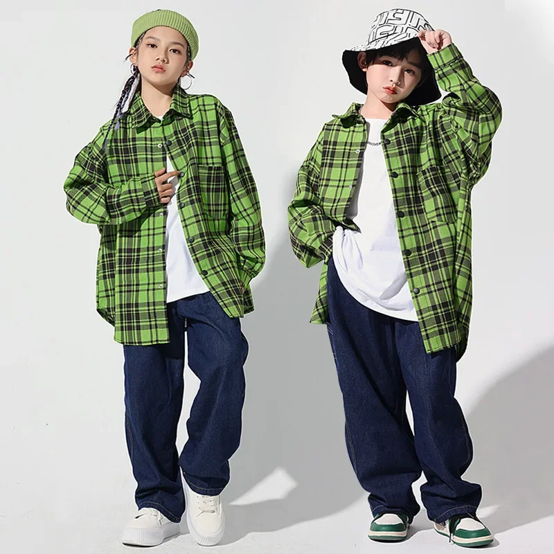 Girls' Jazz Dance Costumes Hip-hop Dance Umbilical Performance Costumes Spring and Autumn Boys' Green Plaid Shirts 6-16 Years