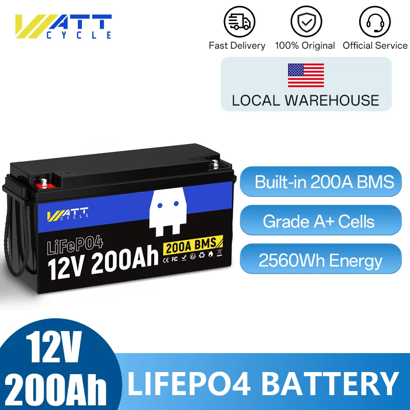 Wattcycle Lithium Iron Phosphate Battery 12V 200Ah With BMS 100A Series or Parallel Efficiency Versatile LiFePO4 Battery Packs