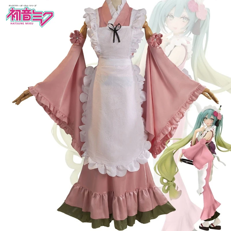 Matcha Sakura Pink Cos Dress Hatsune Miku Anime Role-Playing Long Sleeve Dress Wig Kimono Apron Girls Festival Gift Party Modeli