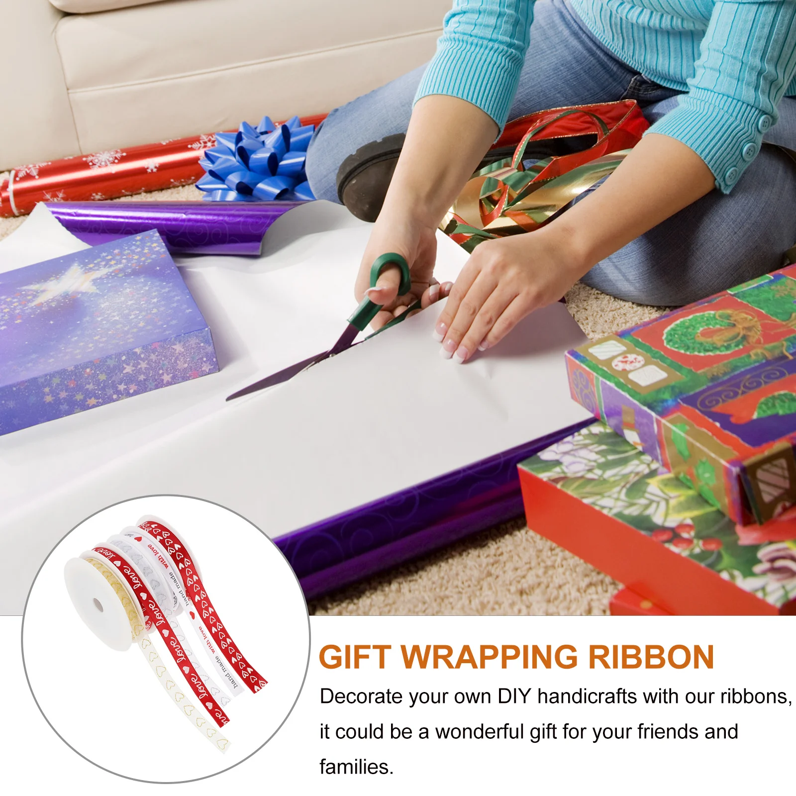 

5 Rolls Heart Pattern Polyester Ribbon Elegant Gift Packaging Roll for Christmas Wedding Festival Wall Wine Bottle Decor