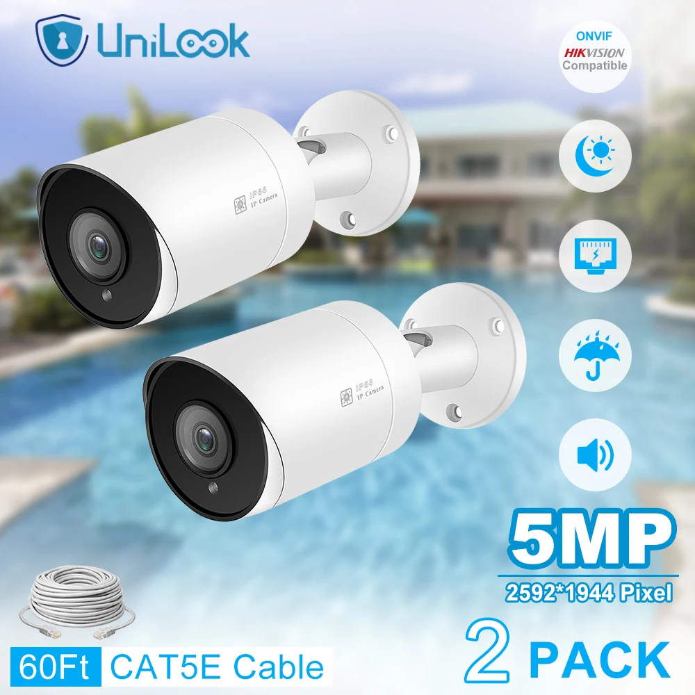 

UniLook 5MP POE IP Camera with SD Card outdoor CCTV Security Camera IP66 Night Vision H.265 Audio Microphone Bullet camera